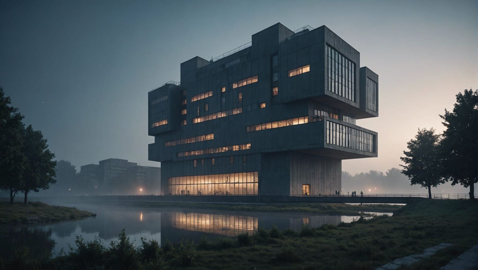 Brutalist Scientific Hub by River in Summer