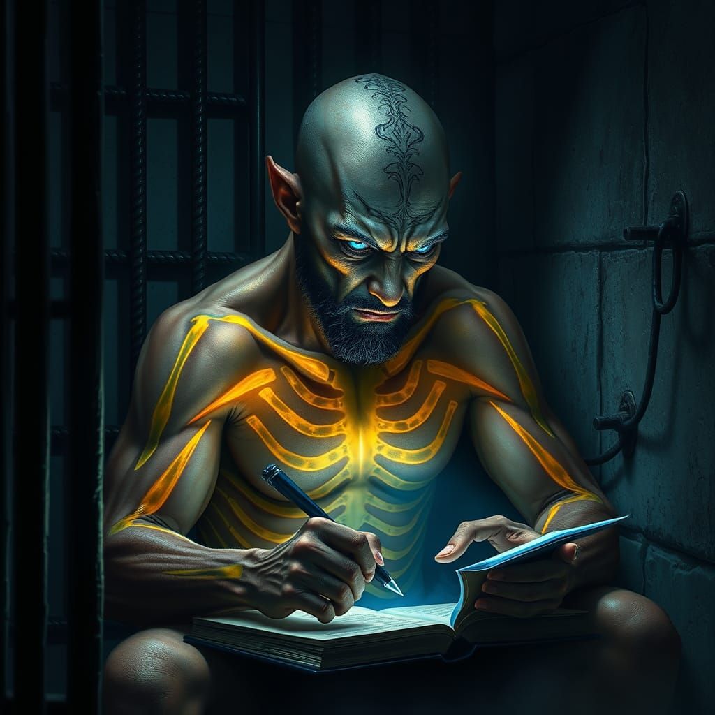 Mystical Jaguar Alien Prisoner in Dark Fantasy Style