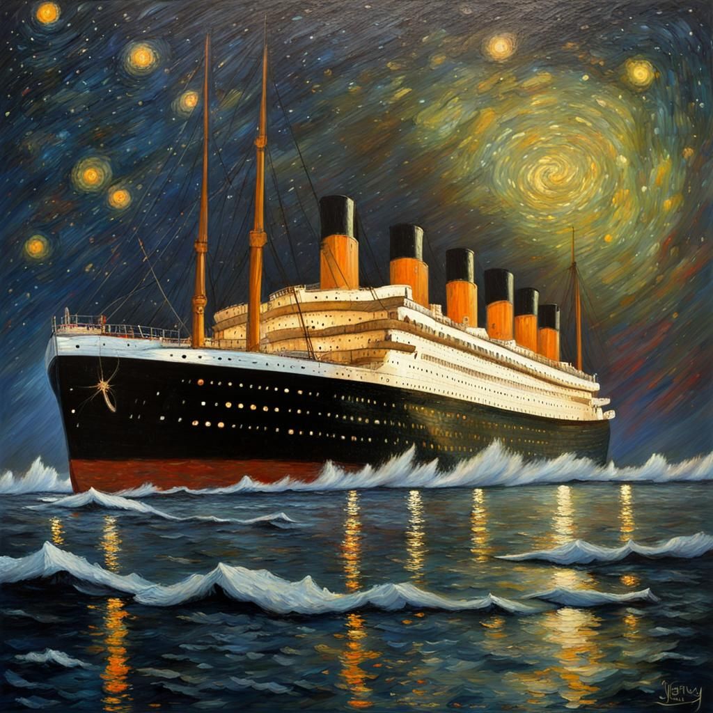 Titanic Under Starry Night Sky: Oil Painting