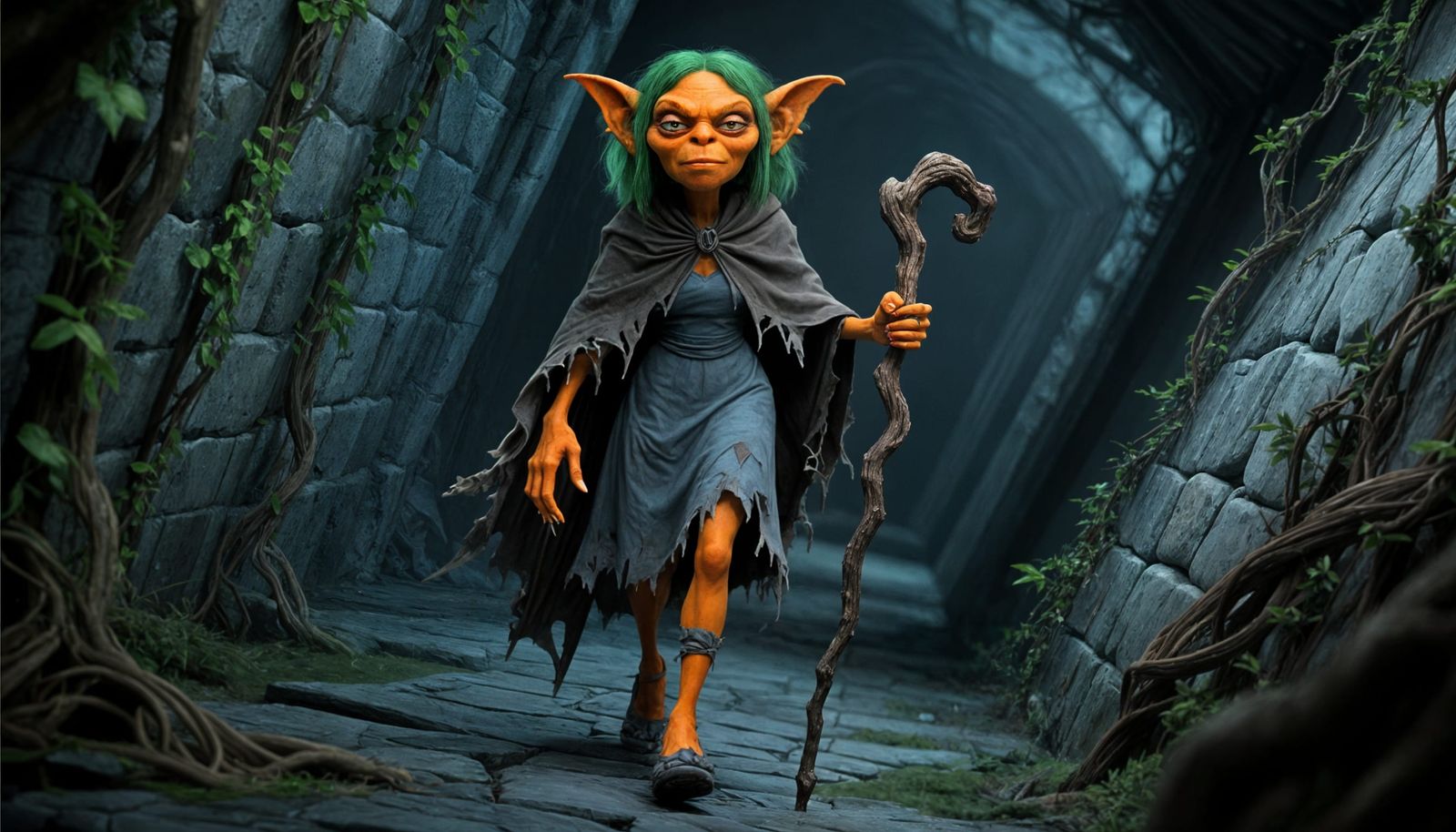 Gnarled Goblin in Dusty Dress Walks Stone Corridor