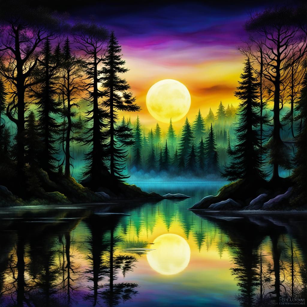 Mystical Forest with Dragon in Lake, Cubist Style