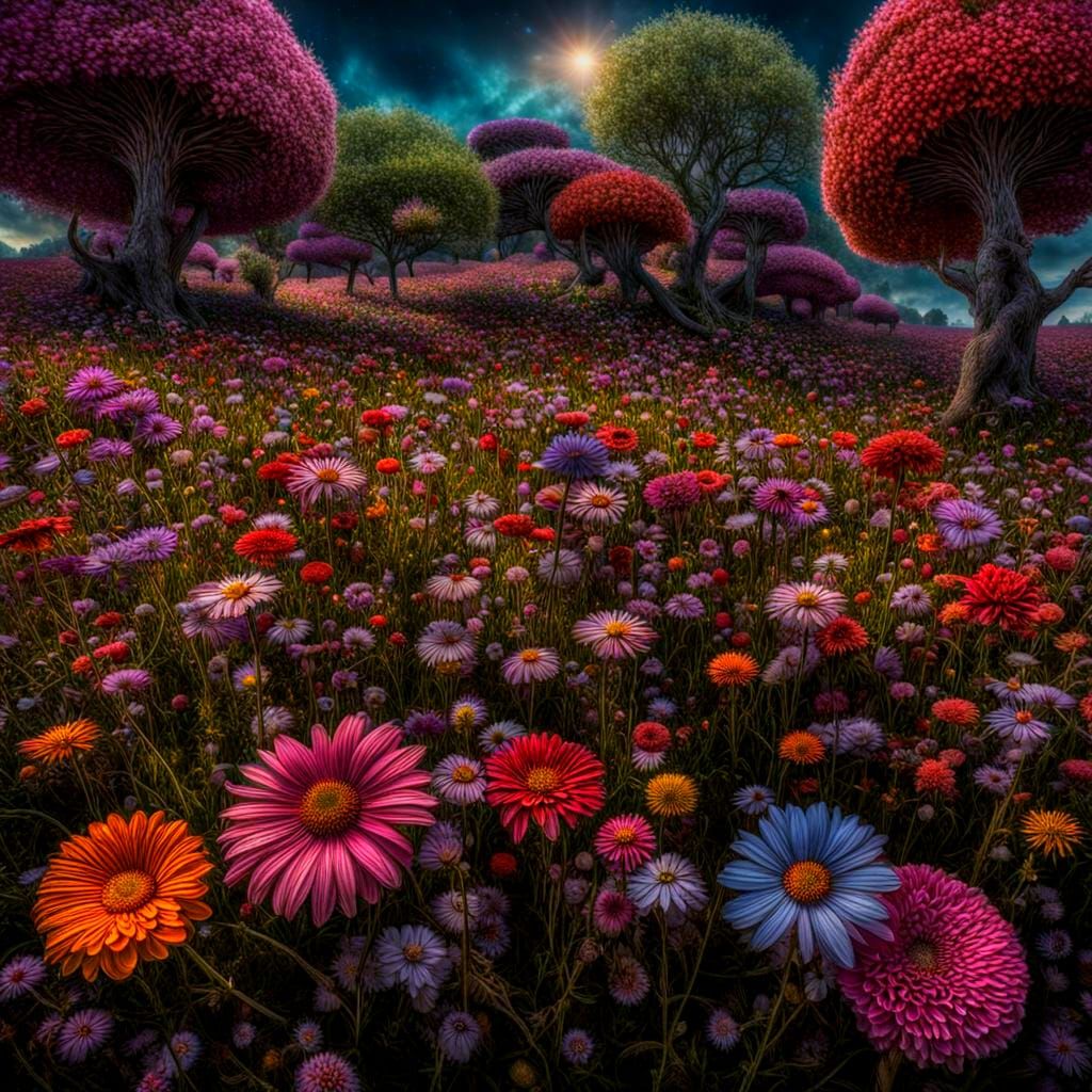 Mystical Flower Field in Hyperrealistic Style
