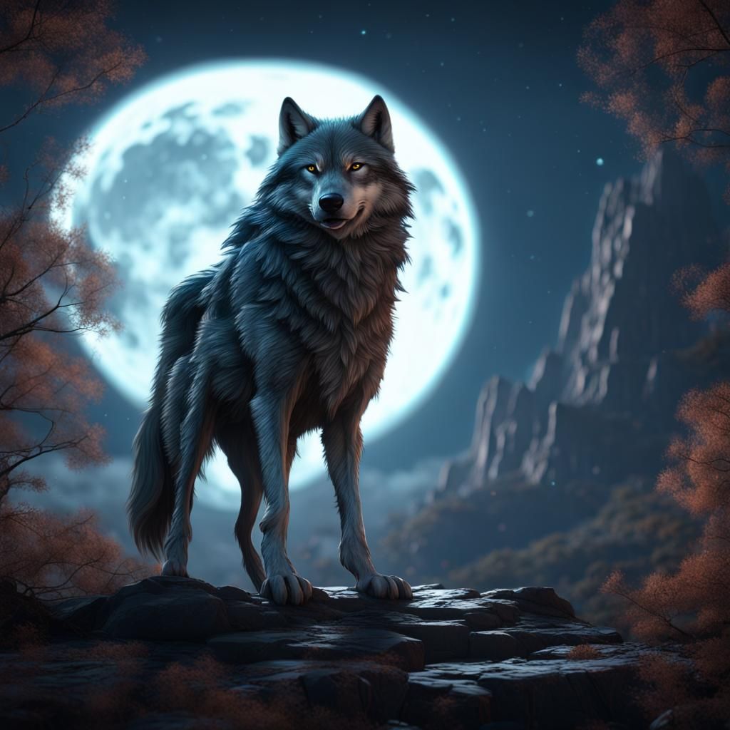 Wolf Howling at Moon: Detailed Matte Painting
