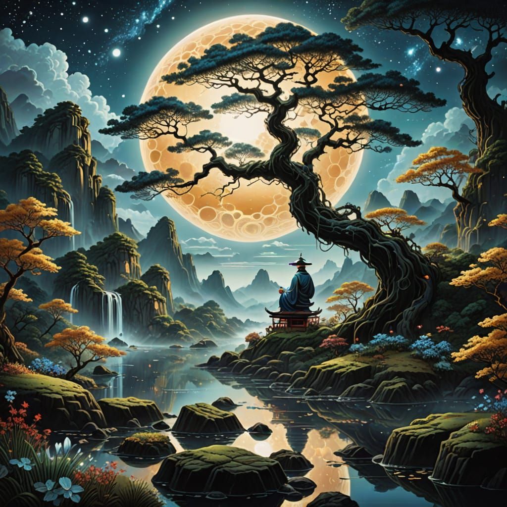 Majestic Gongbi Landscape with Liquid Gold and Mother of Pea...