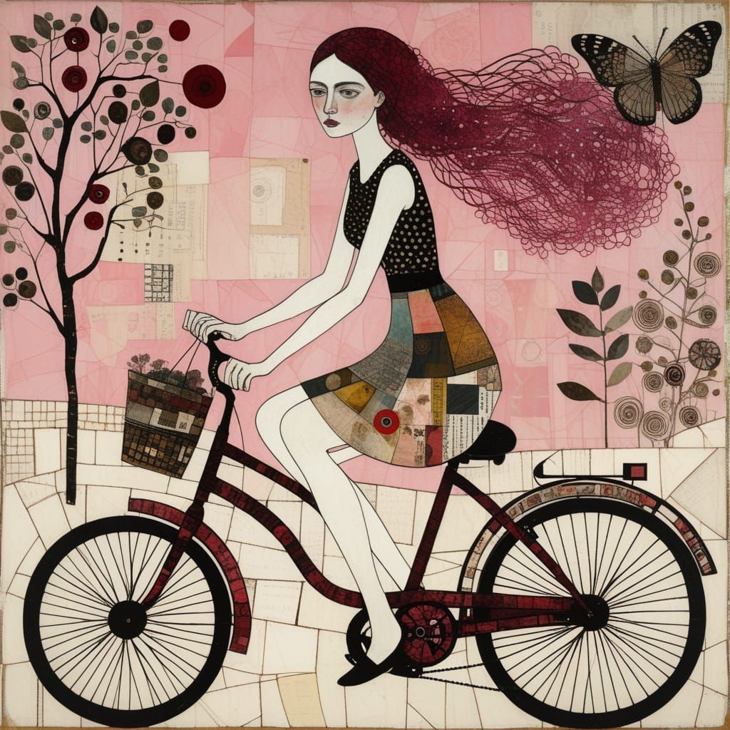 Girl on Bicycle in Mixed Media Collage