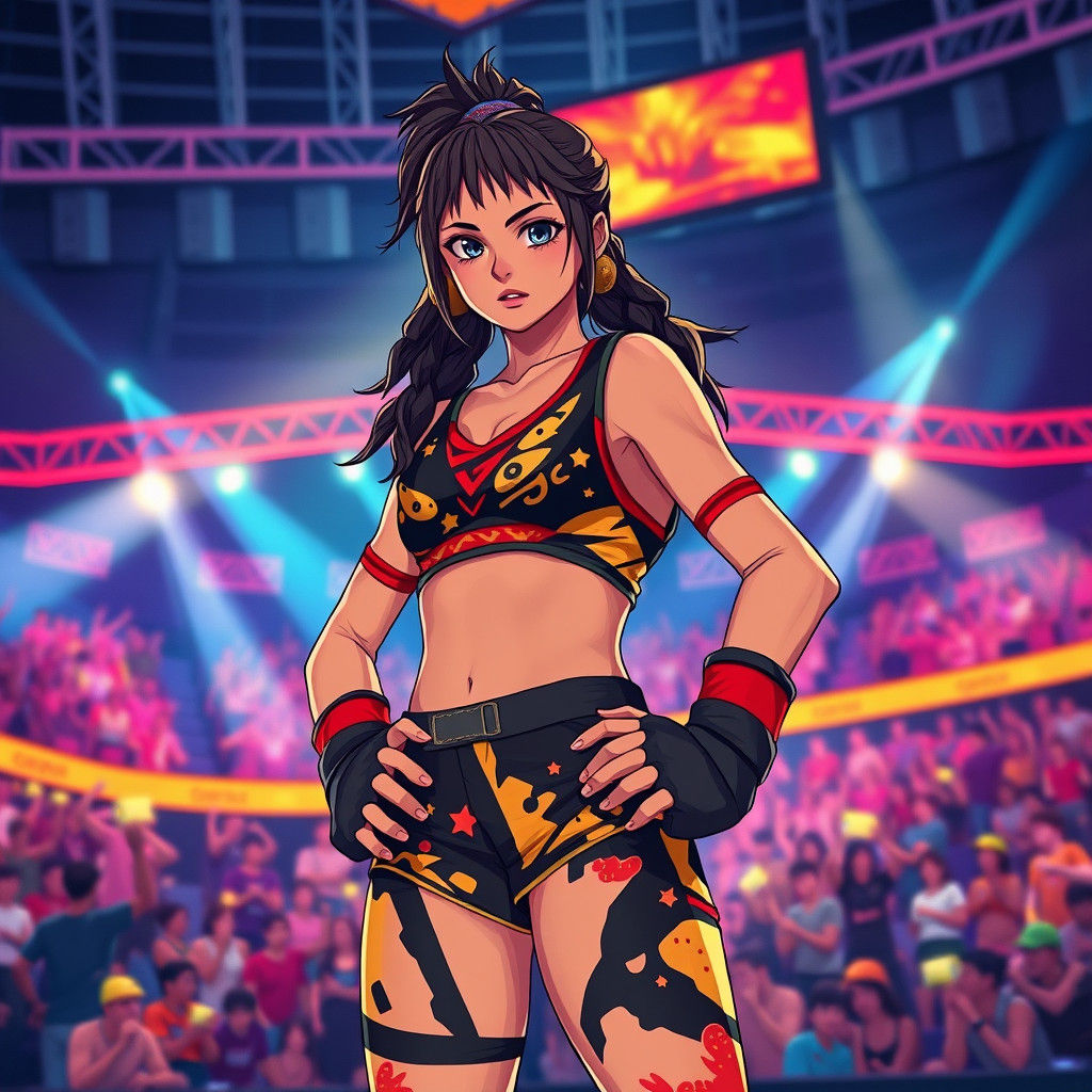 Australian Girl Warrior in Neon Anime Fighting Arena