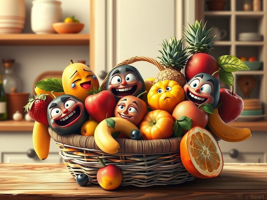 Emotional Fruit Basket in Pixar Style