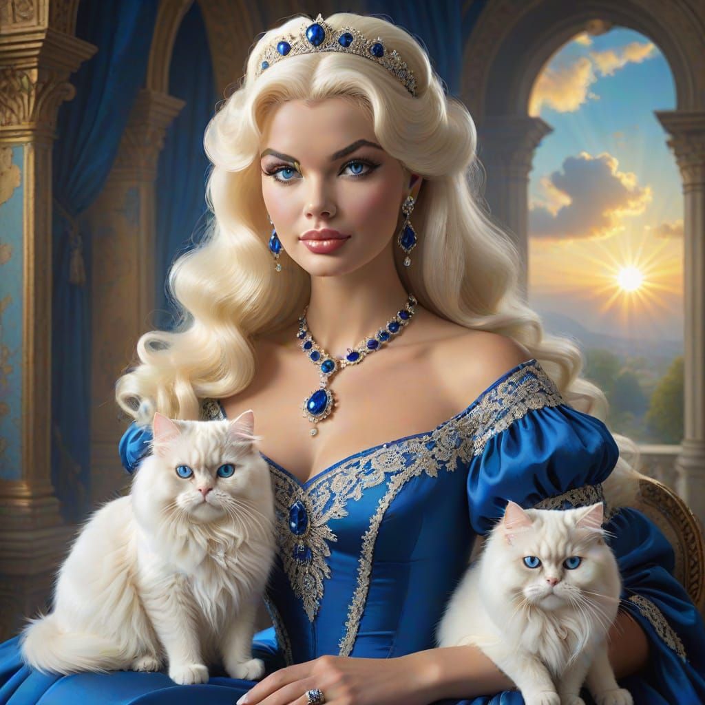 Renaissance Queen with Persian Cat in Heavenly Light