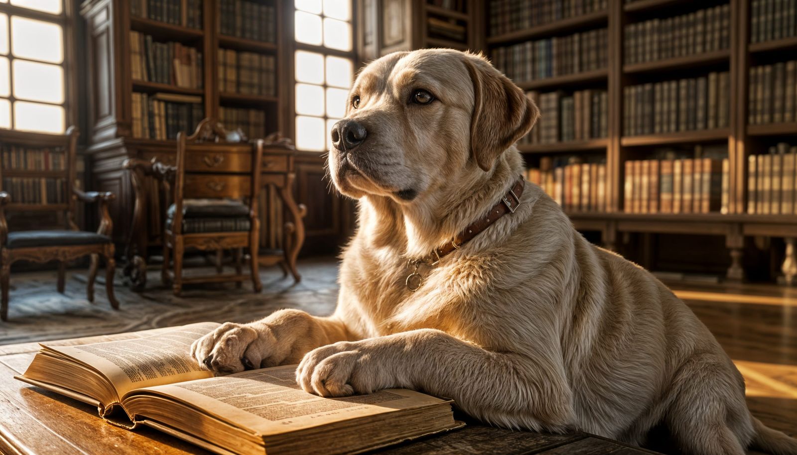 Labrador Reading in Baroque Library: Photorealistic 8K