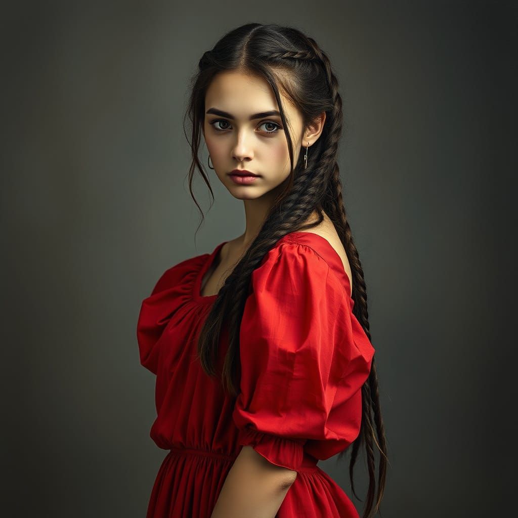 A Young Woman's Melancholic Moment, Captured in Vibrant Red