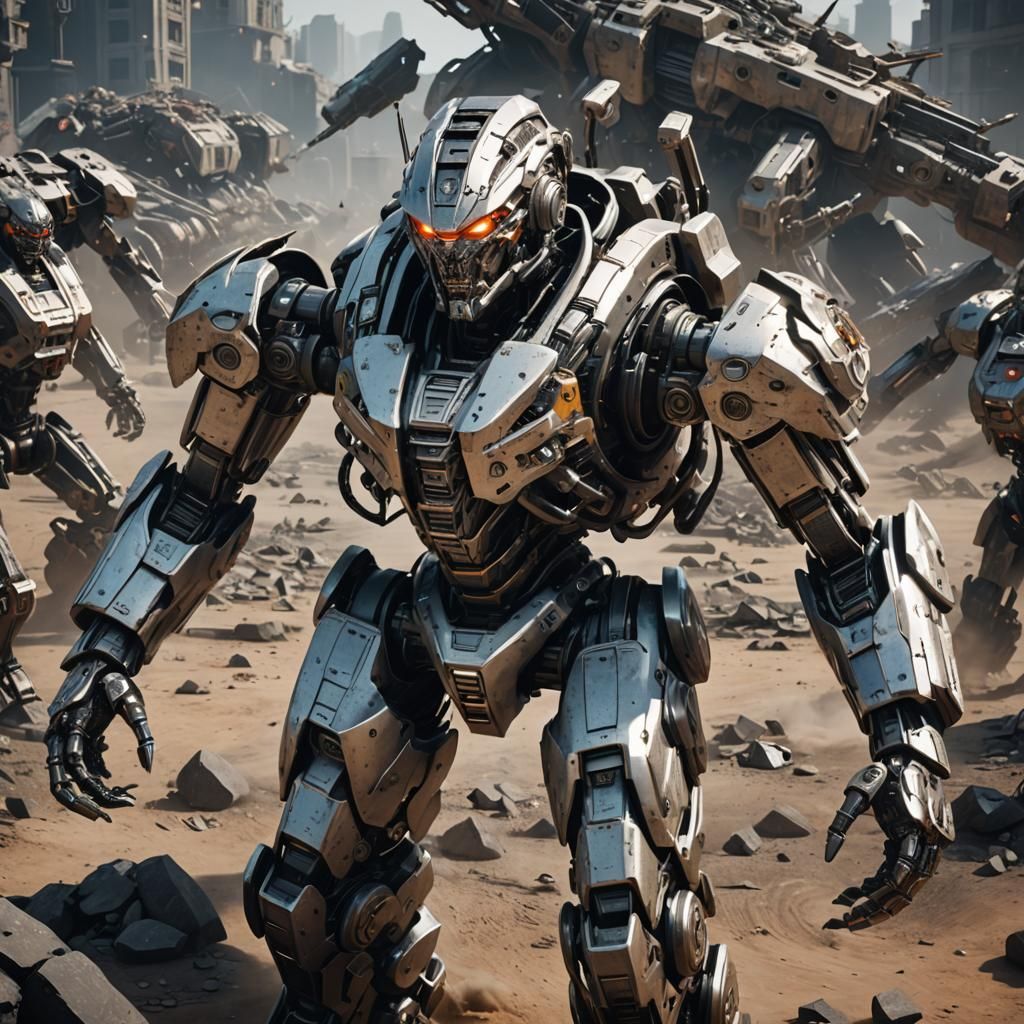 Futuristic War Robot with Hammer in Sci-Fi Style