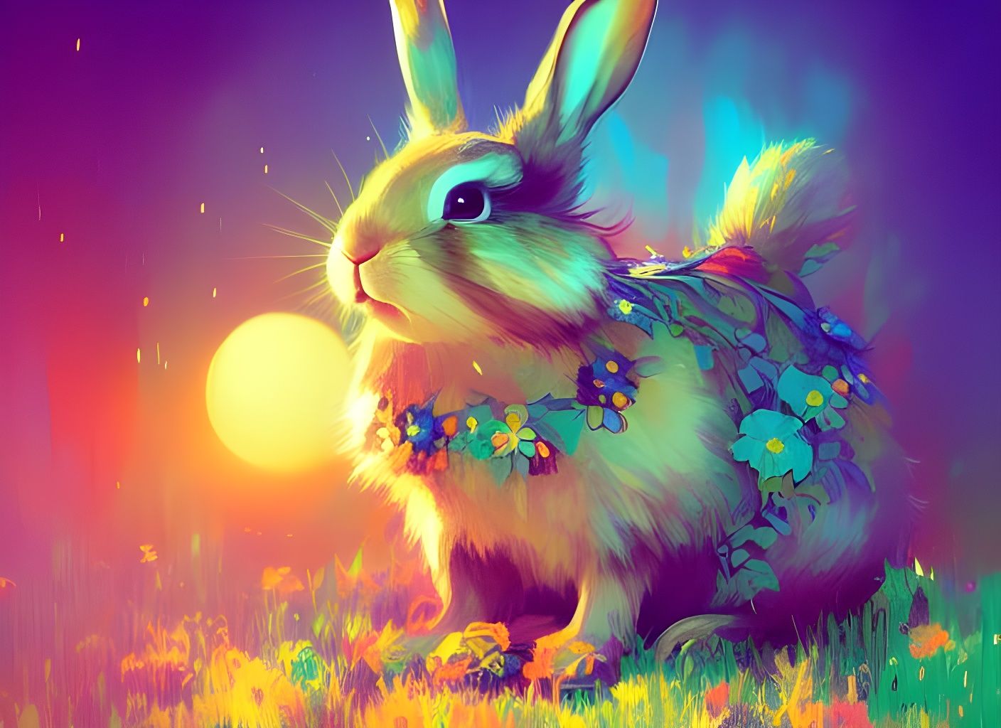 Cute Rabbit in Colorful Garden: Art Nouveau Style
