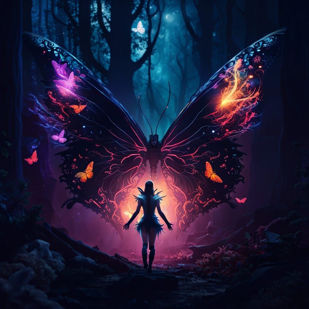 Butterfly Directing Light in Dark Forest: Fantasy Concept Ar...
