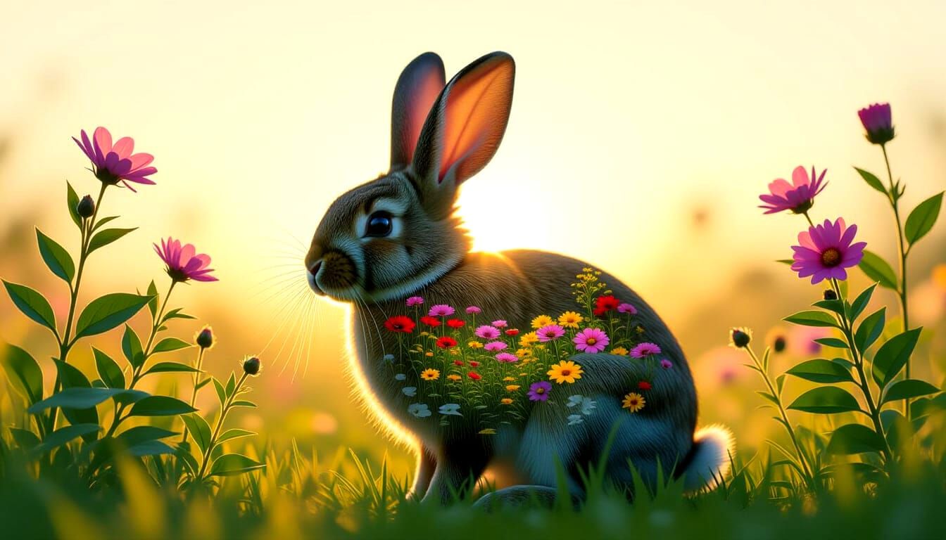 Double Exposure Rabbit Silhouette in Garden