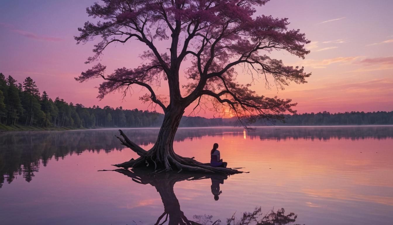 Woman Silhouetted at Sunset Lake Scene