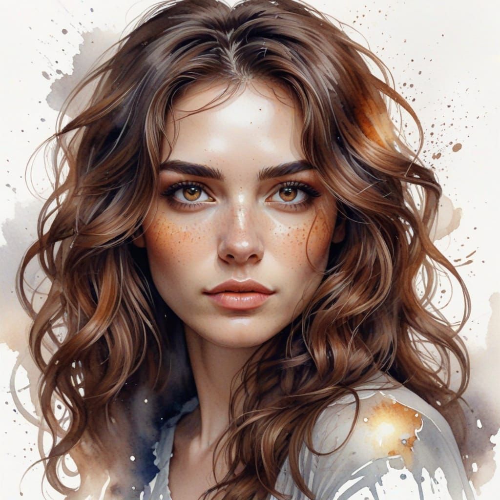 Ethereal Watercolor Portrait of a Brown-Eyed Woman