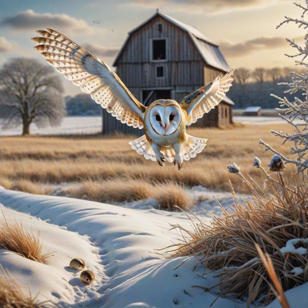 Majestic Barn Owl Pursues Winter Prey in Dramatic Landscape
