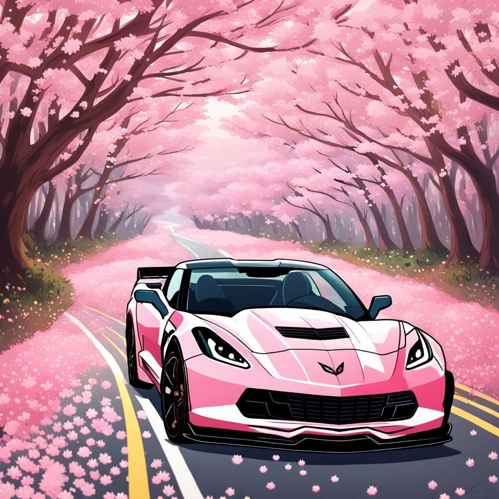 Pink Corvette in Cherry Blossom Forest, Anime Style