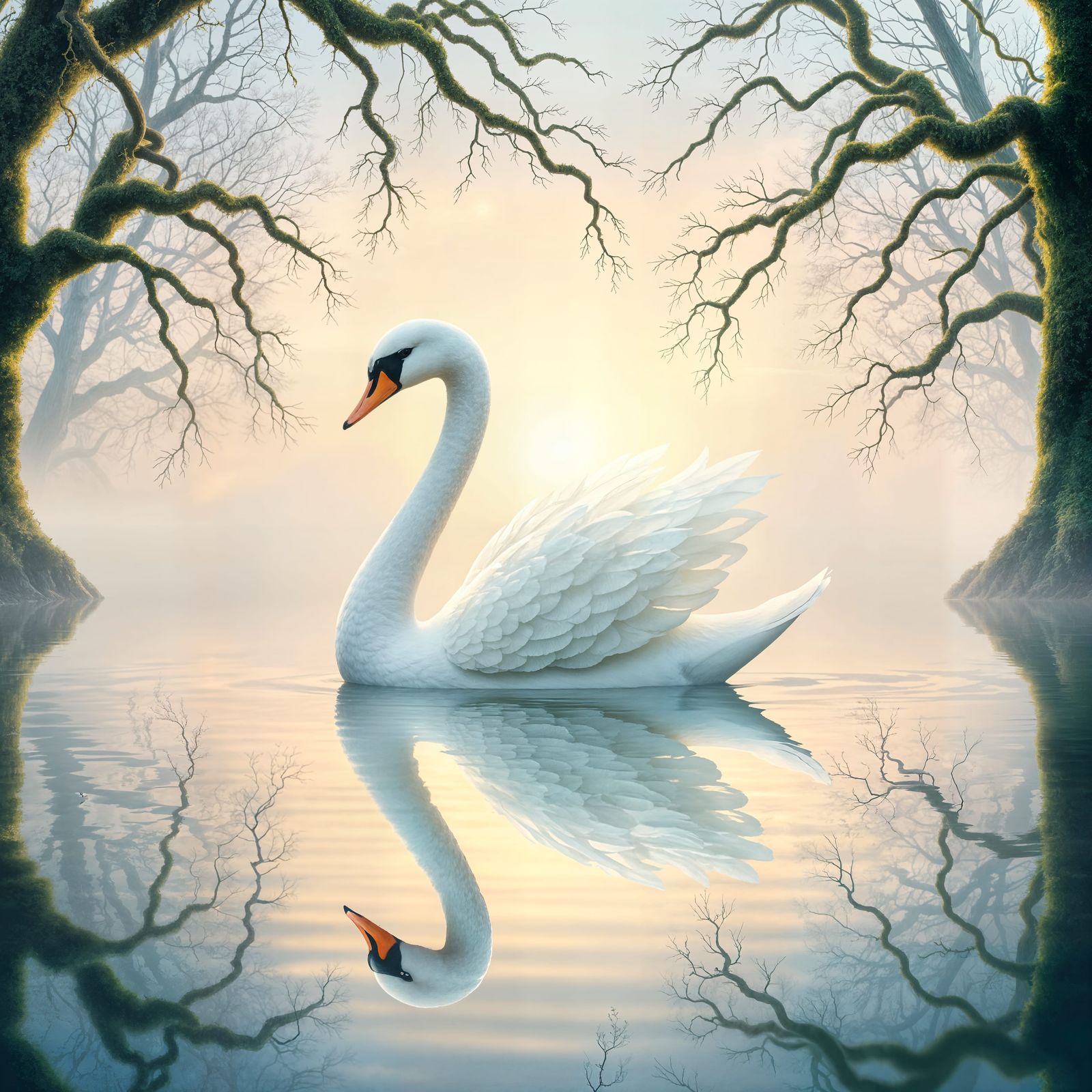 Whimsical Swan in Serene Lake Scene