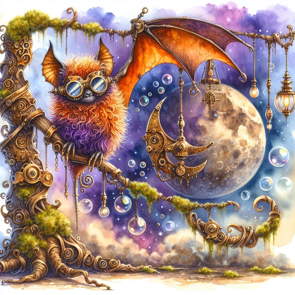 Steampunk Bat in Surreal Watercolor Scene