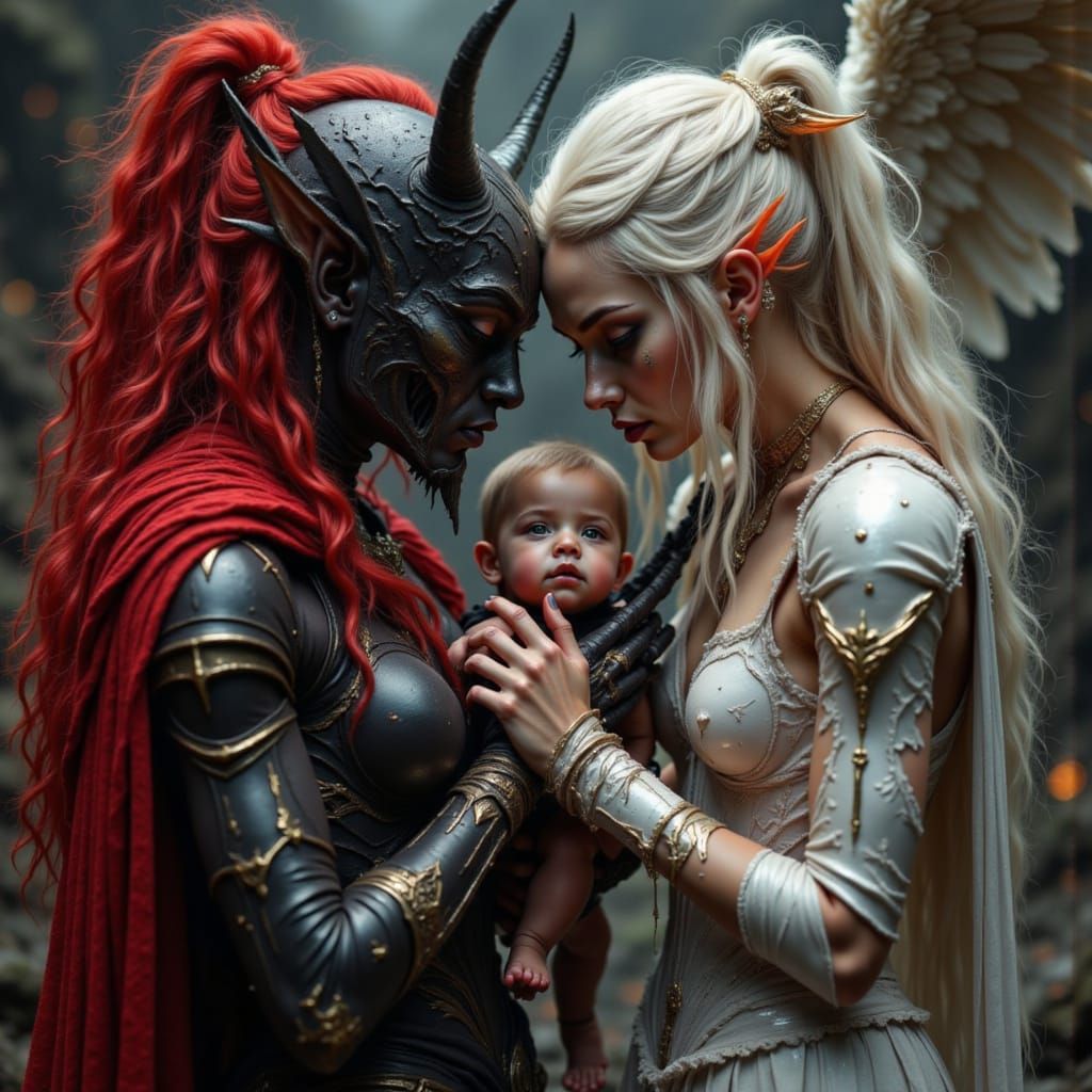 Demon and Angel Protect Child in Dark Fantasy Art