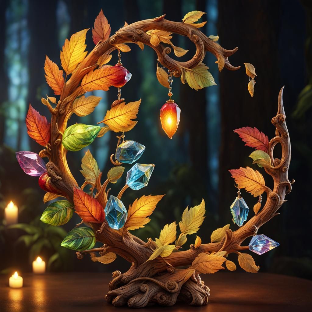 Magical Golden Wood Staff with Crystal Fruit