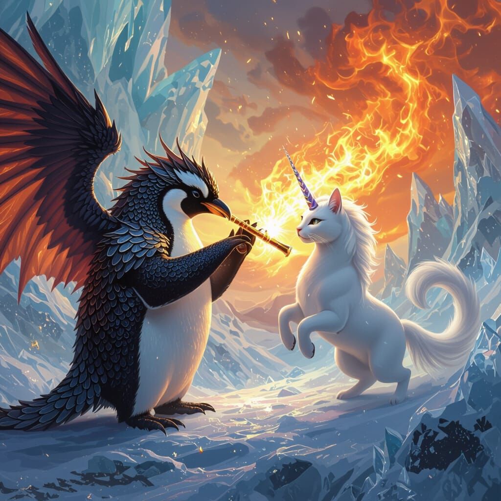 Penguin Dragon Battles Unicorn Cat in Fire and Ice