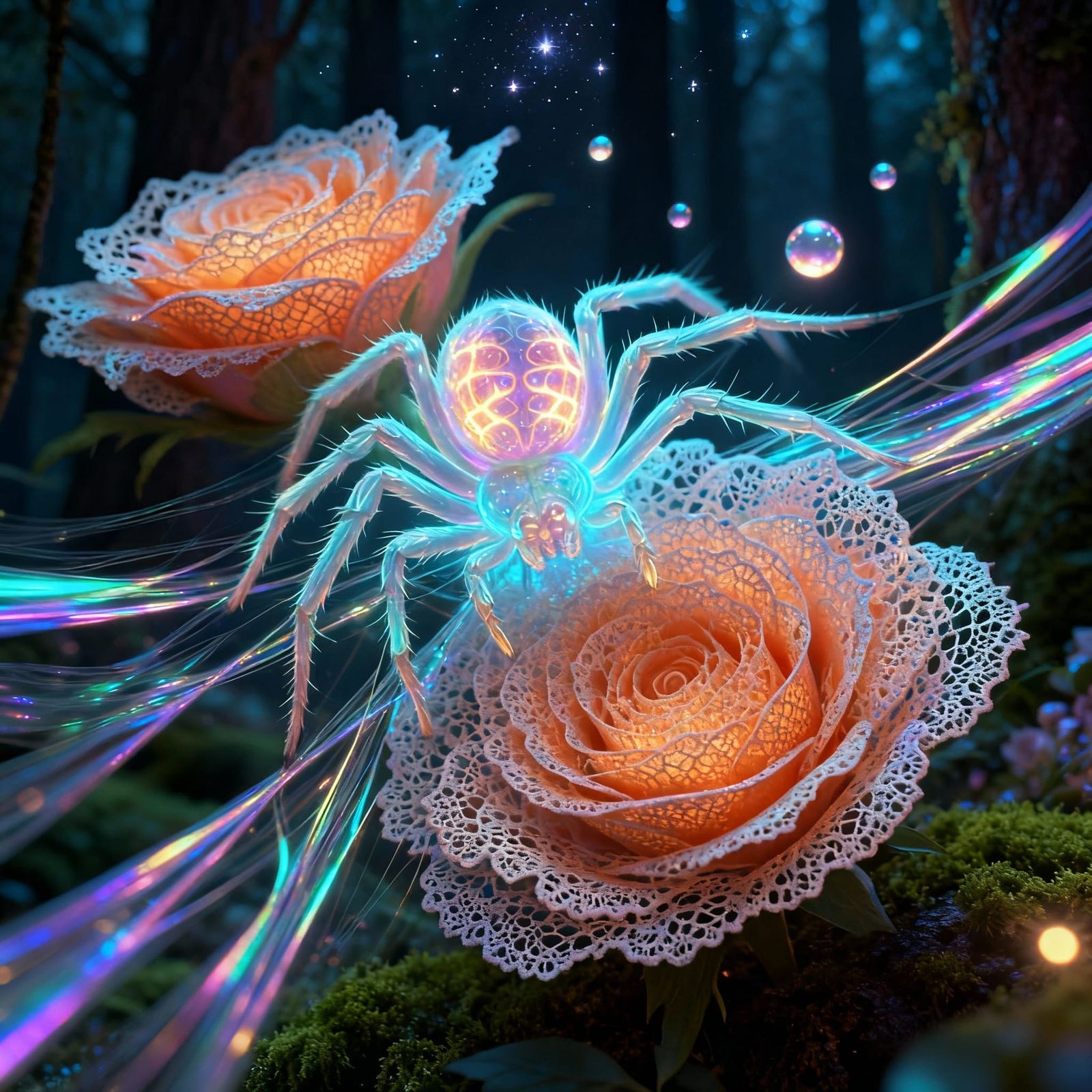 Ethereal Spider Weaving Light Roses in Enchanted Forest