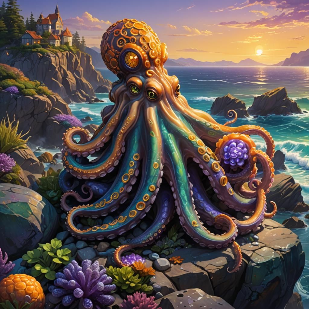 Hybrid Cat-Octopus Creature on Dreamlike Seascape