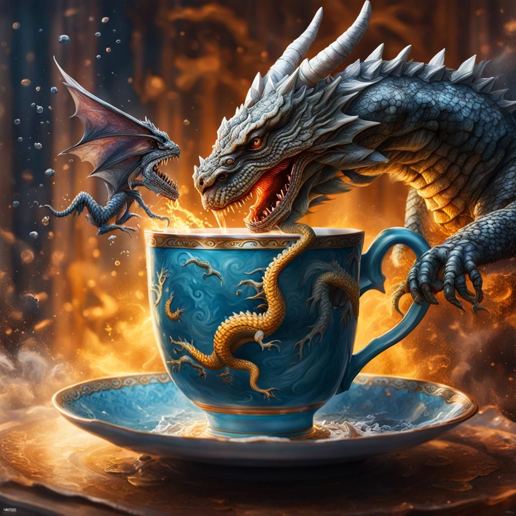 Knight vs Dragon in Teacup: Hyperrealistic Concept Art