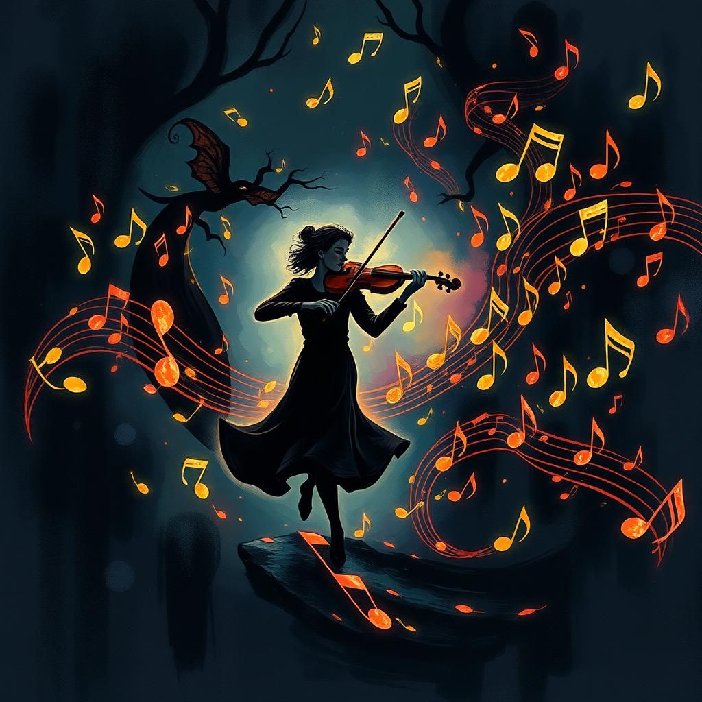 Violinist Dancing in Musical Whirlwind, Cel-Shaded