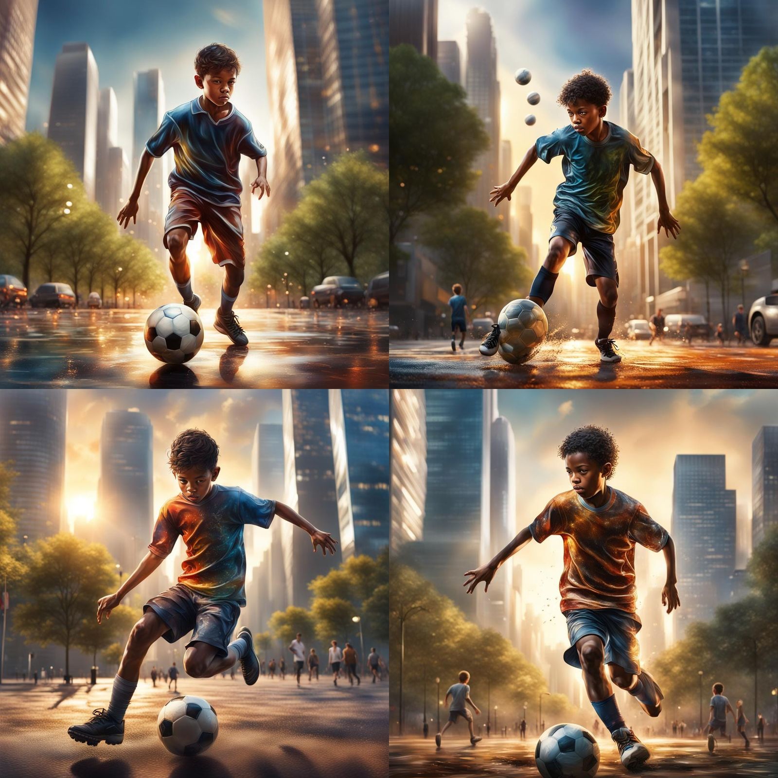 Boy Playing Football in Urban Park, Hyperrealistic