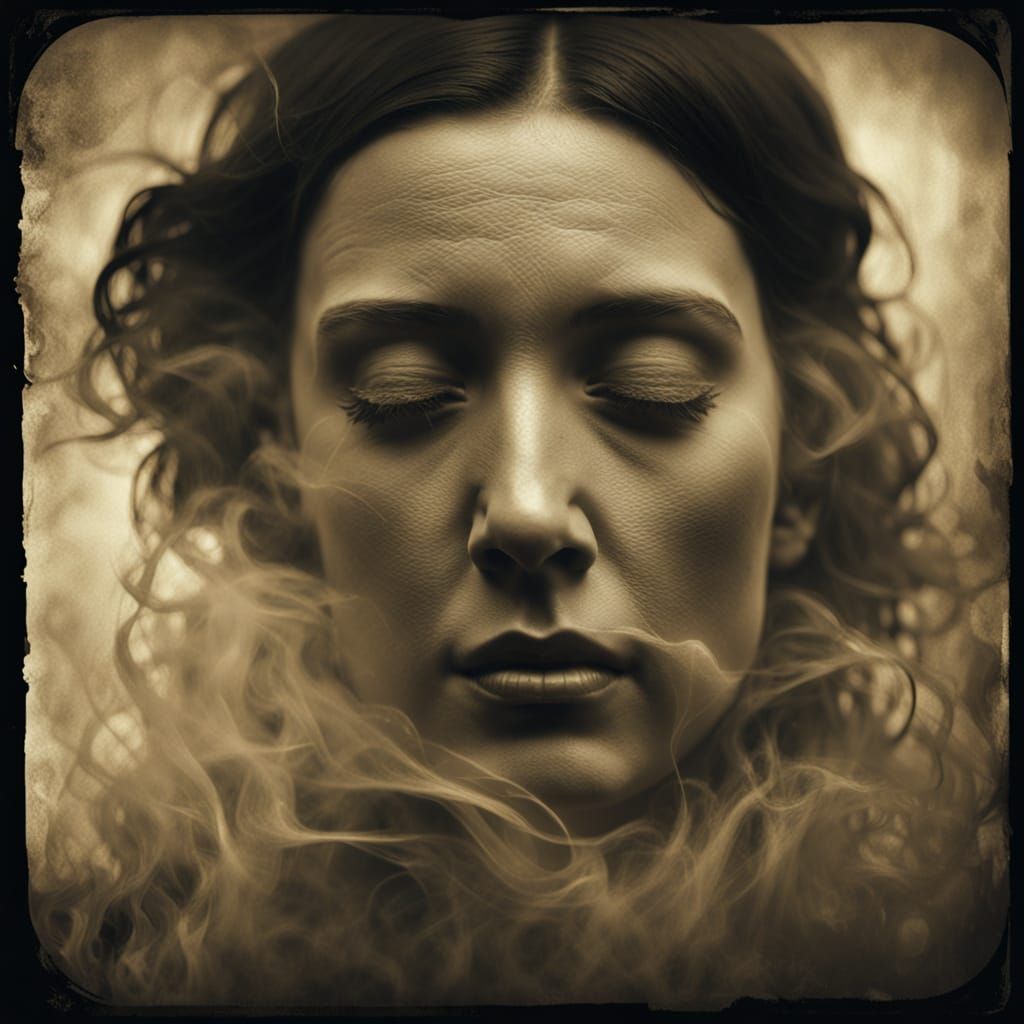 Surreal Sepia Portrait with Swirling Smoke and Neon Light