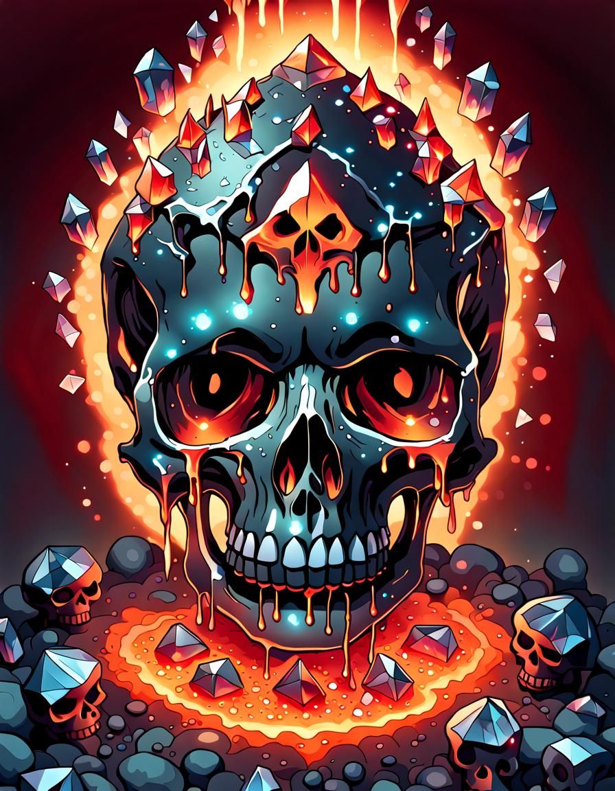 Glowing Magma Skull with Crystals and Runes