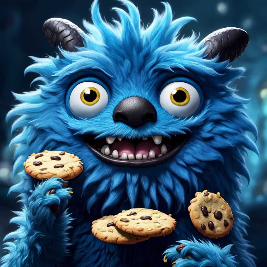 Fluffy Blue Monster Eating Cookies in Vibrant Digital Painti...