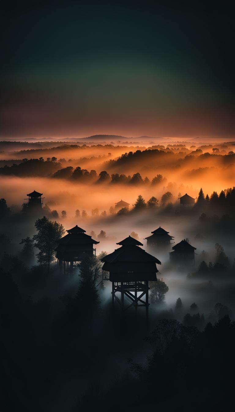Ninjas in Foggy Village at Sunrise
