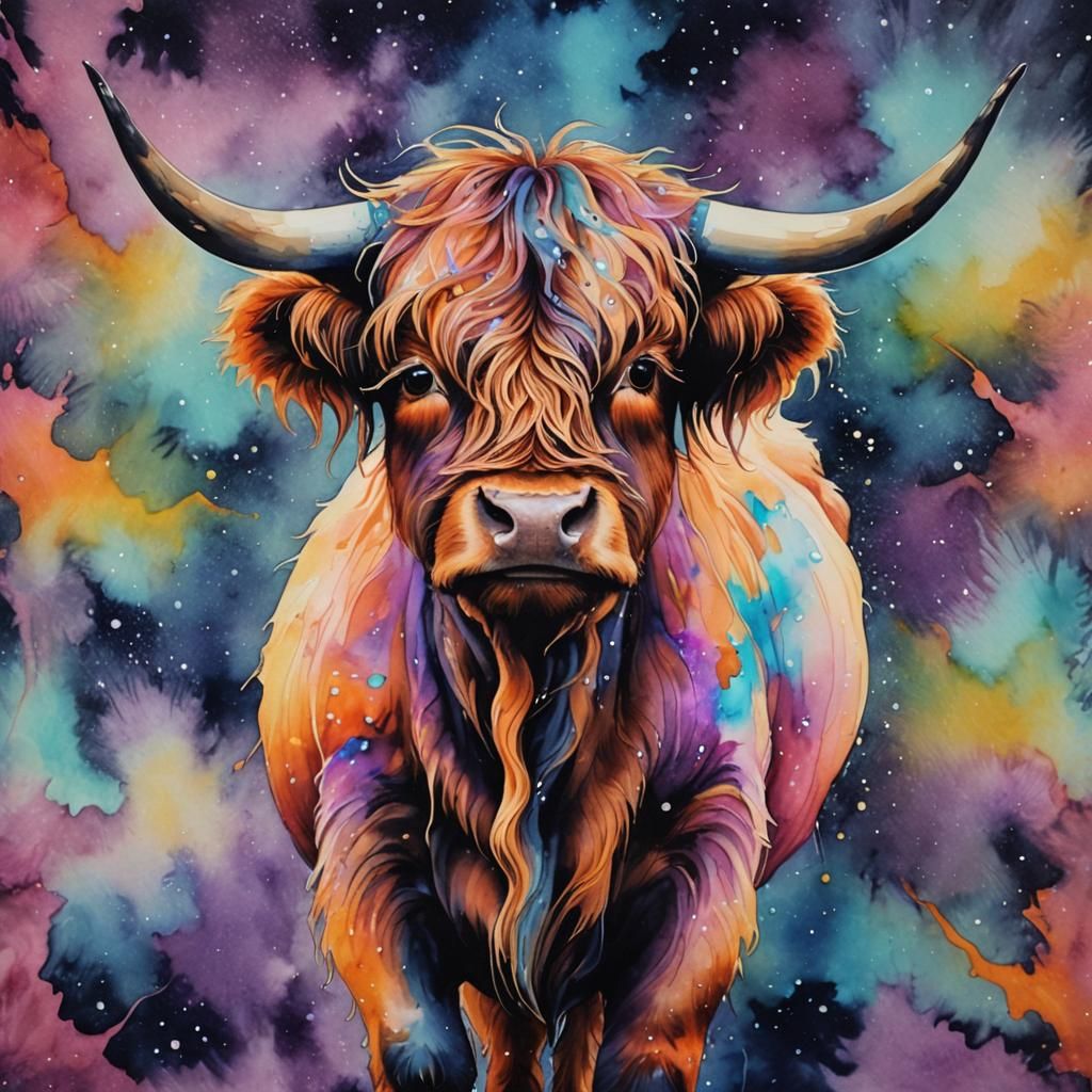 Bioluminescent Highland Cow in Alcohol Ink Style