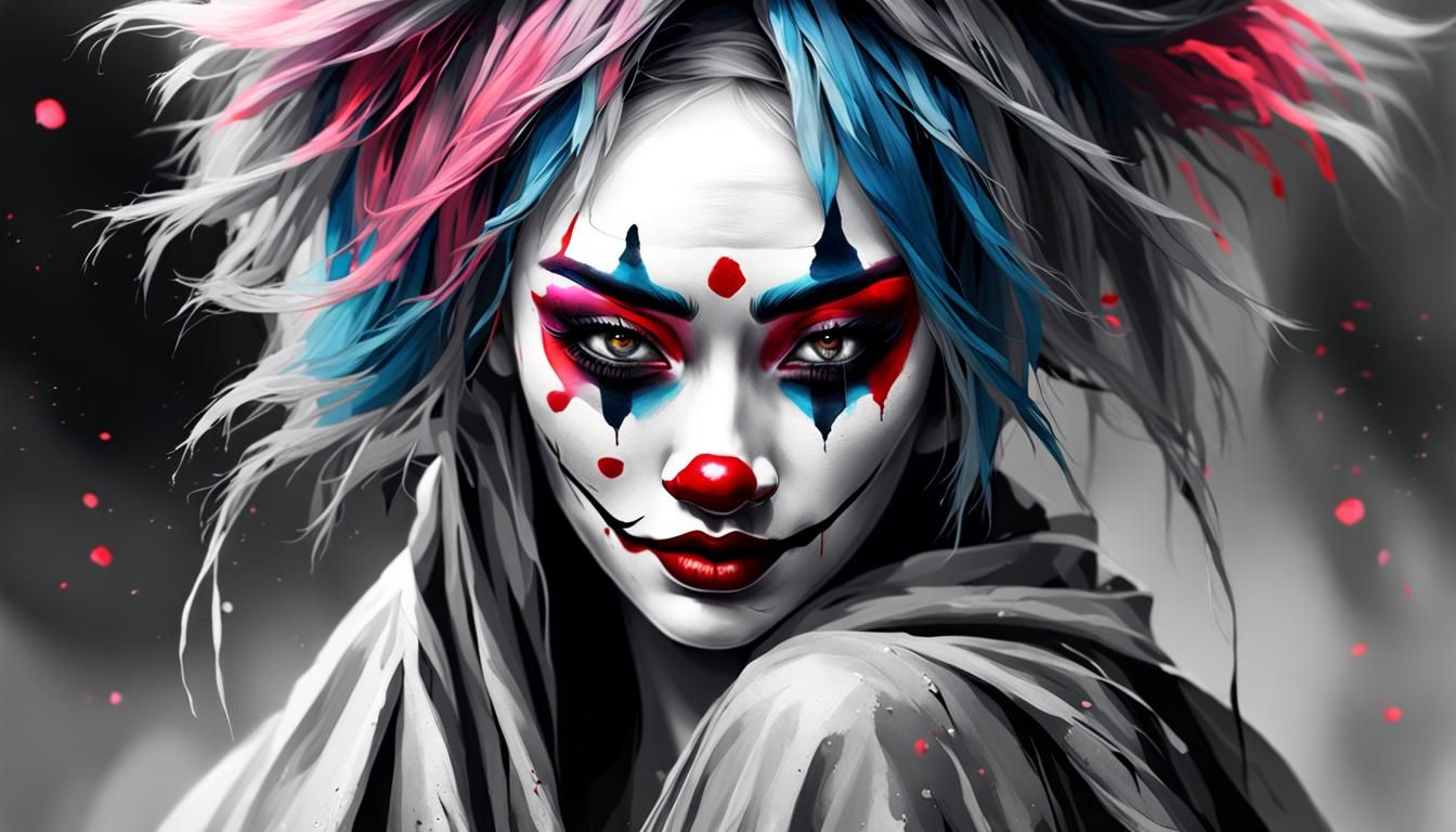 Dramatic Grayscale Kabuki Clown Portrait with Fireflies
