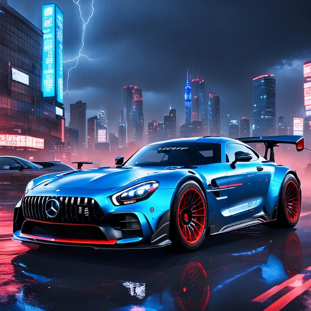 Cyberpunk Mercedes GTR Drives Through Neon City