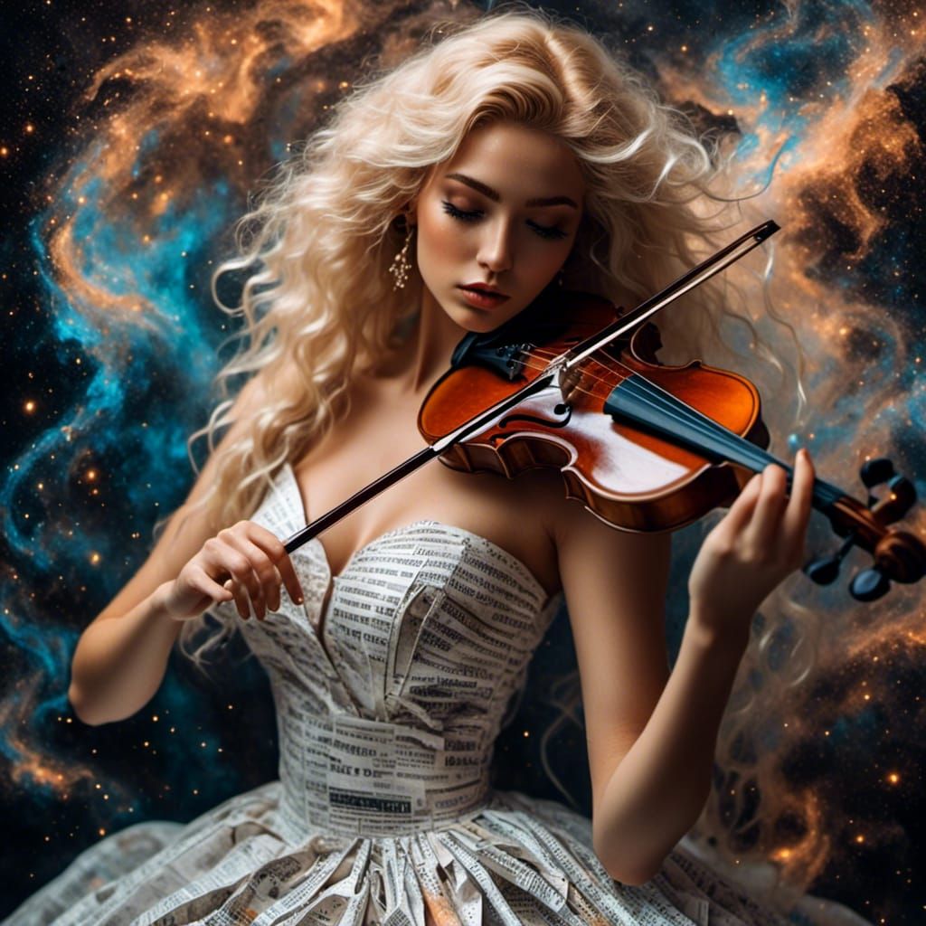 Beautiful Woman Playing Violin with Newspaper Texture
