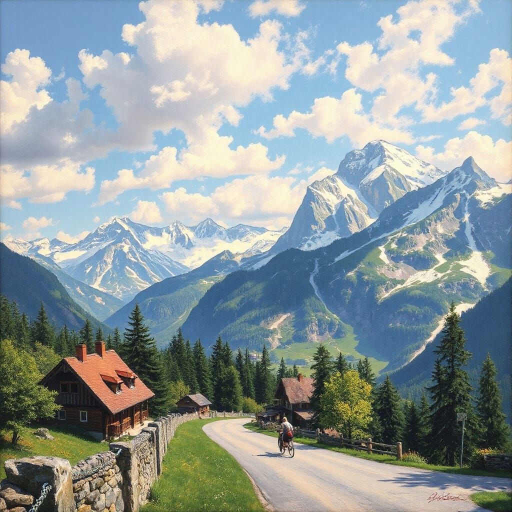 Swiss Alps Landscape in Thomas Kinkade Style