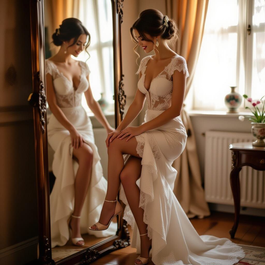 Elegant Woman Adjusting Stocking in Art Nouveau Style