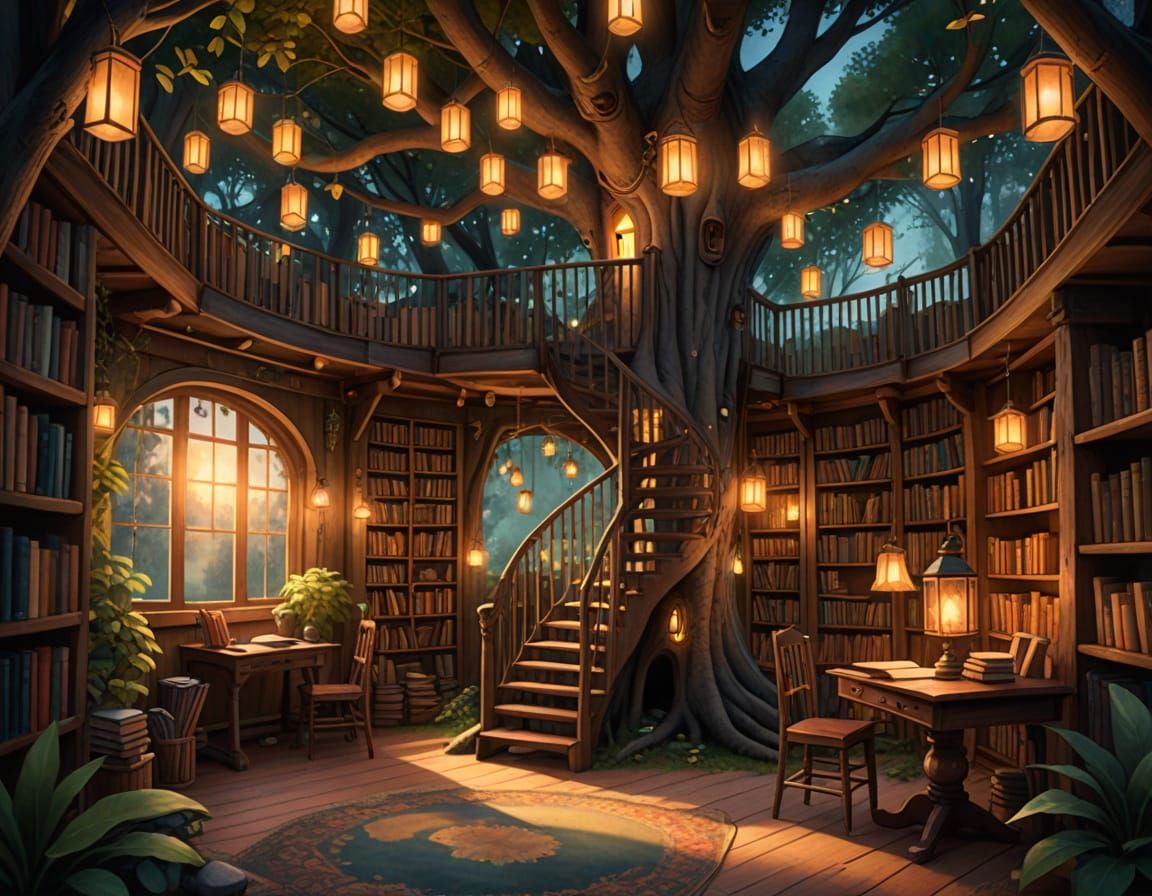 Enchanted Treehouse Library in Whimsical Watercolor Style