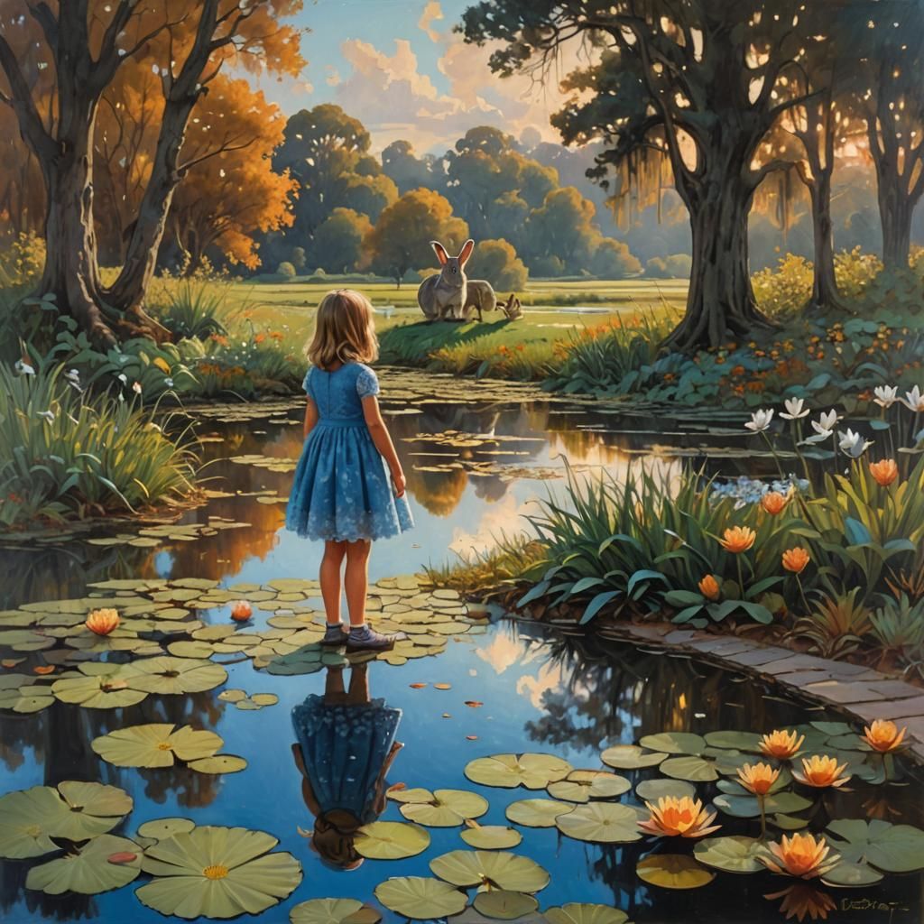 Autumn Reflection: Girl, Rabbits, and Pond in Oil Painting