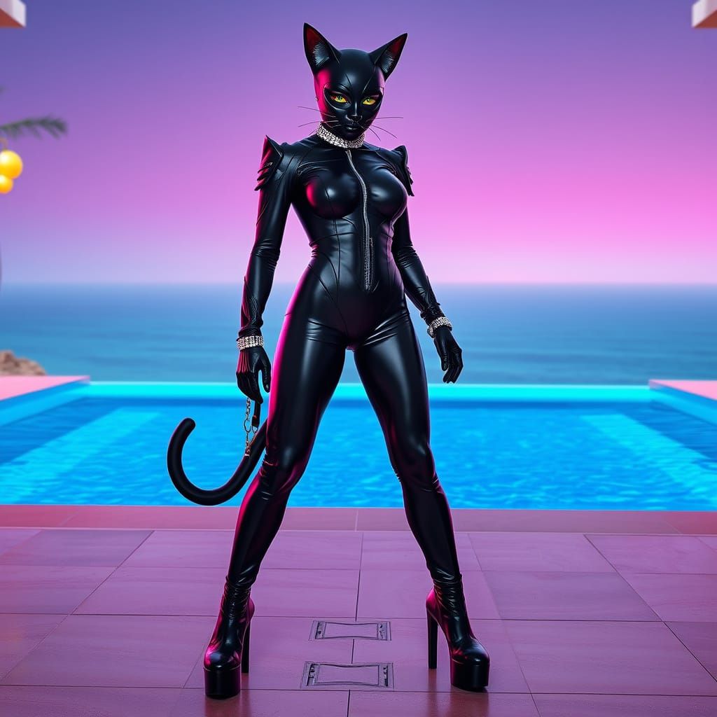 Sultry Feline Queen in Cyberpunk Egyptian Oasis