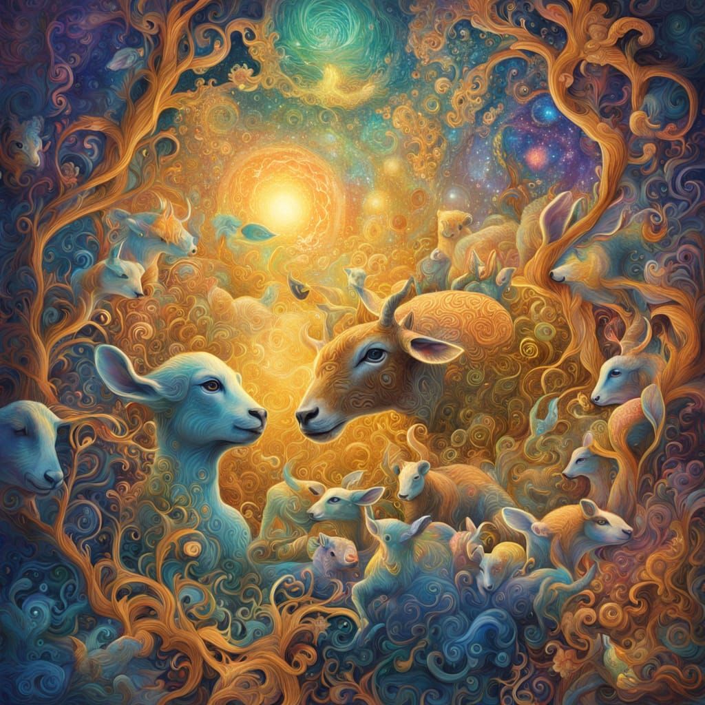 Psychedelic Lambs in Surreal Cosmic Dreamscape