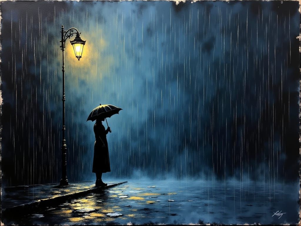 Mysterious Figure in Rainy Night Scene, Inspired by Masters ...