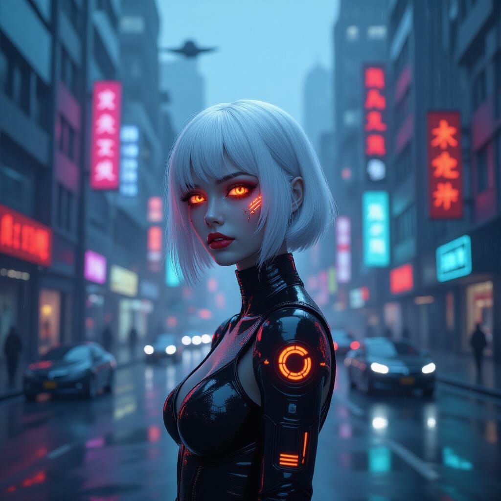 Bioluminescent Cyberpunk Girl in Dystopian Cityscape