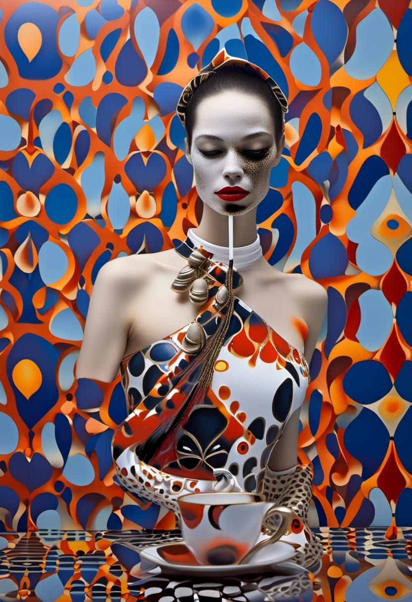 Happy Woman in Cafe with 3D Painting