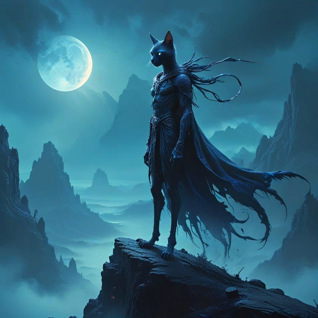 Catman Wizard on Floating Mountains in Fantasy Style